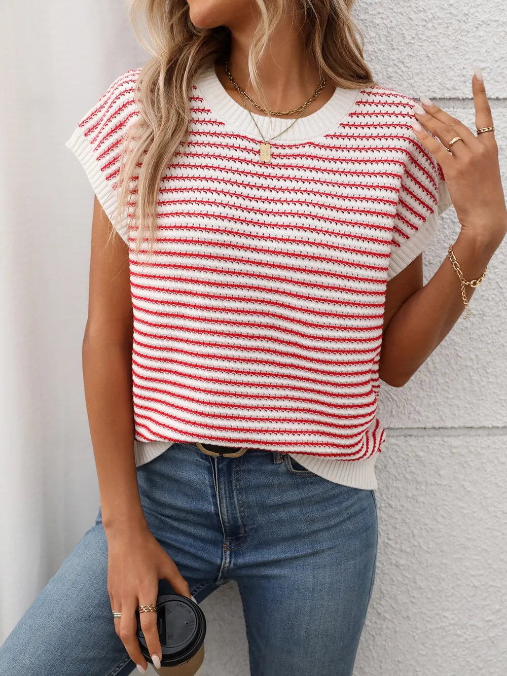 Striped Round Neck Short Sleeve Knit Top (13)