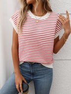 Striped Round Neck Short Sleeve Knit Top (13)