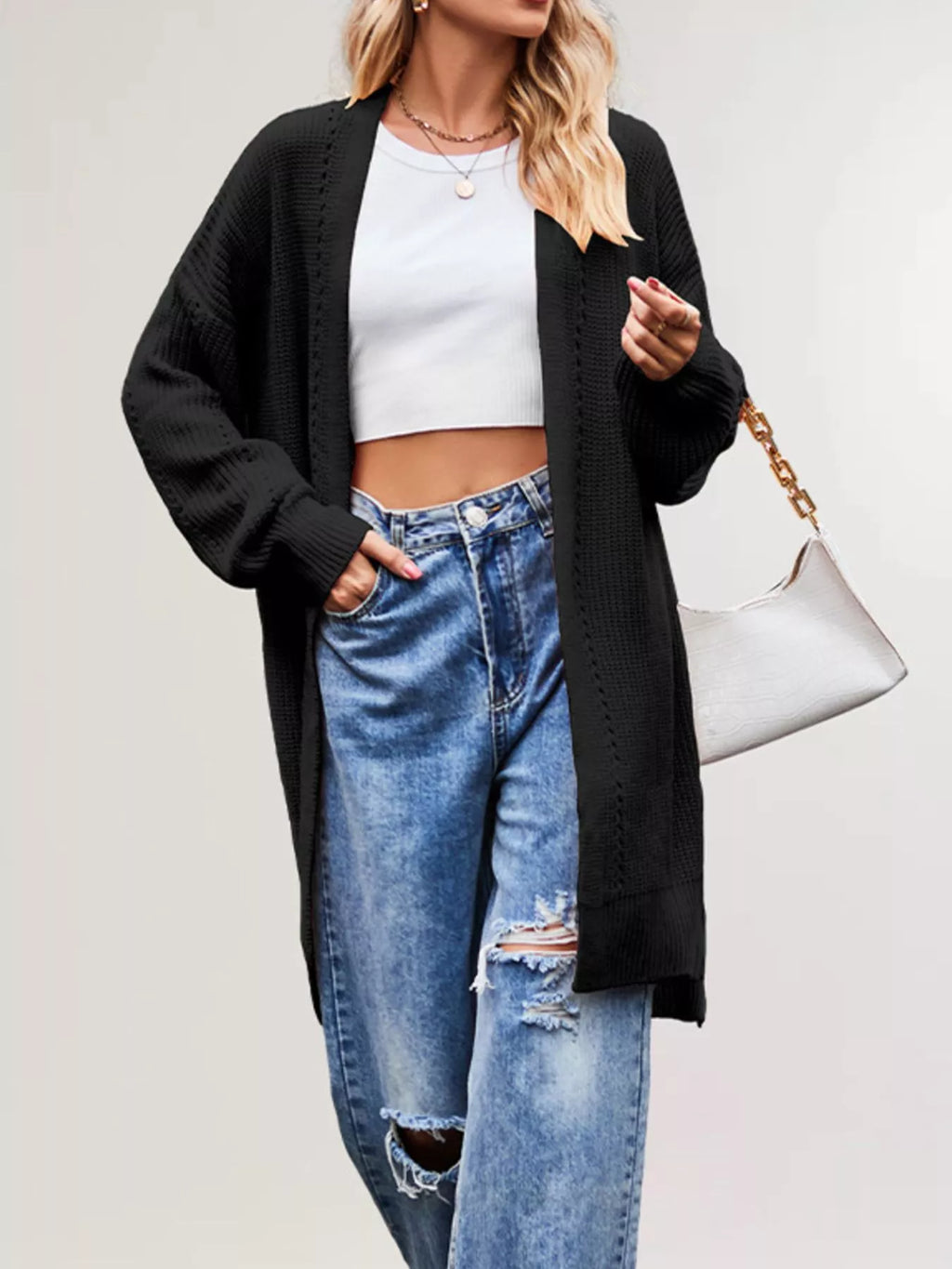 Open Front Openwork Knit Longline Cardigan (3)