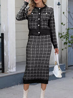 Plaid Knit Cardigan Midi Skirt Sweater Set (10)