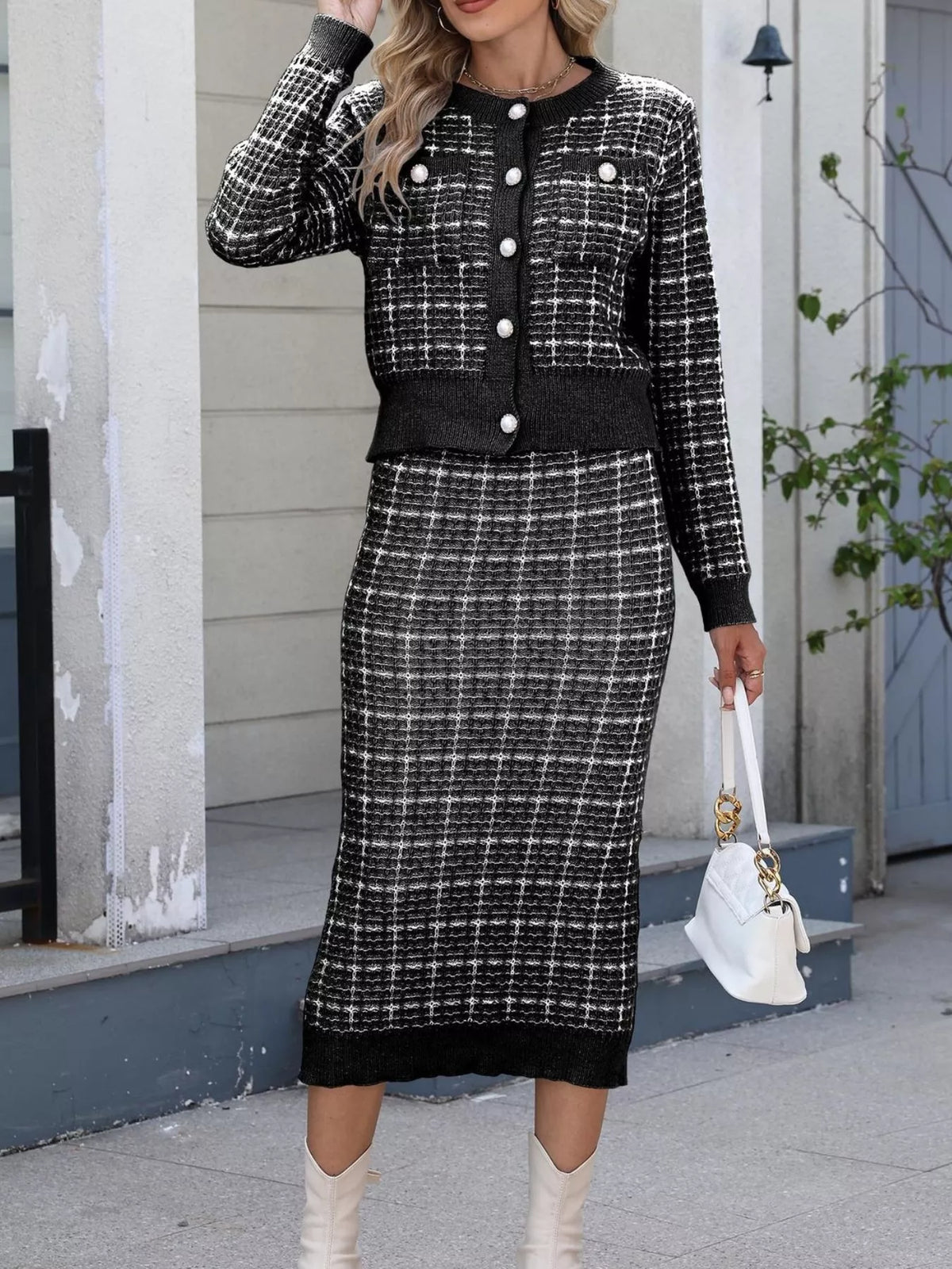 Plaid Knit Cardigan Midi Skirt Sweater Set (10)