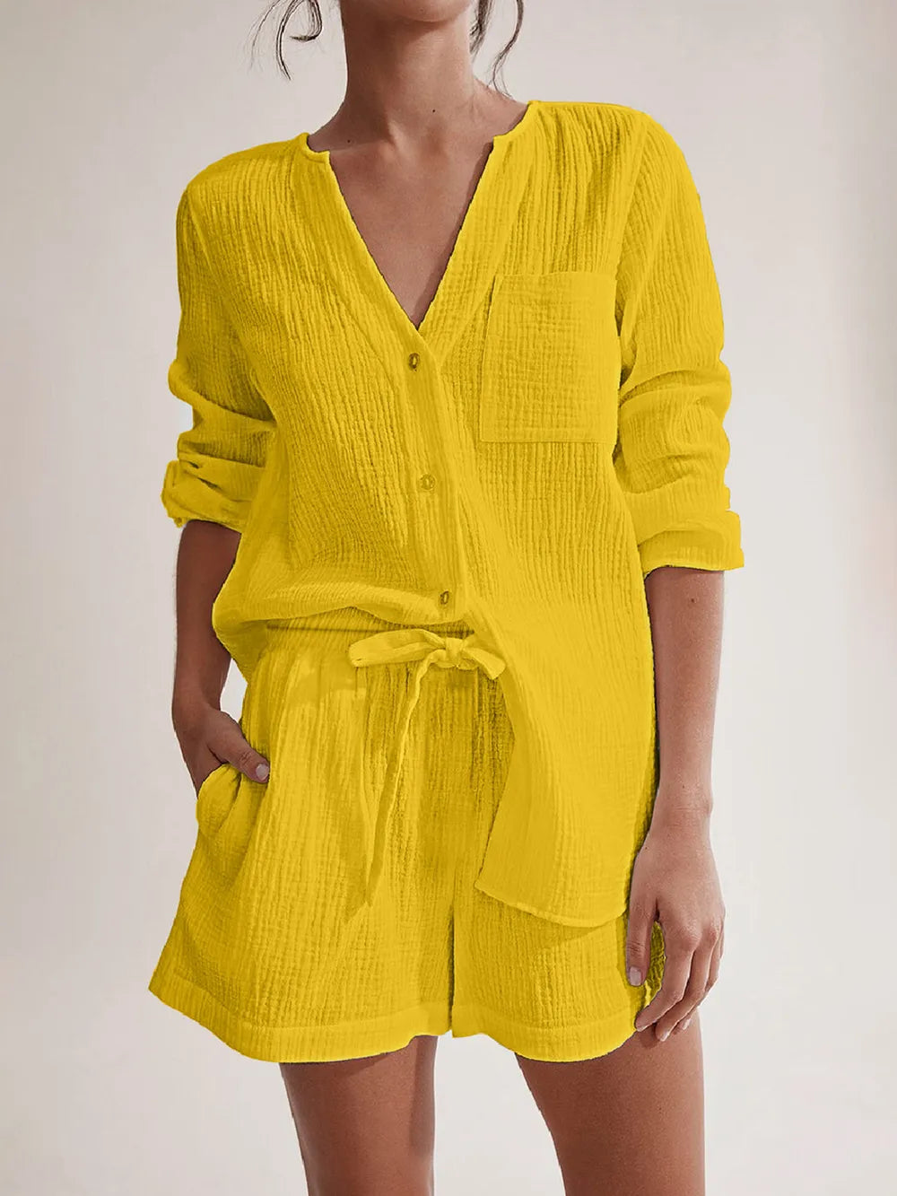 Notched Long Sleeve Top Shorts Set (10)