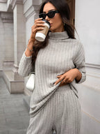 Ribbed Turtleneck Dropped Shoulder Top Pants Sweater Set (3)