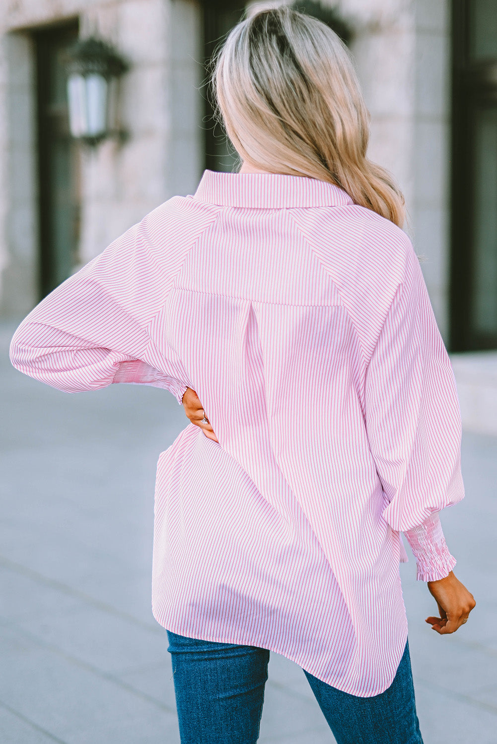 Striped Lantern Sleeve Collared Shirt (15)