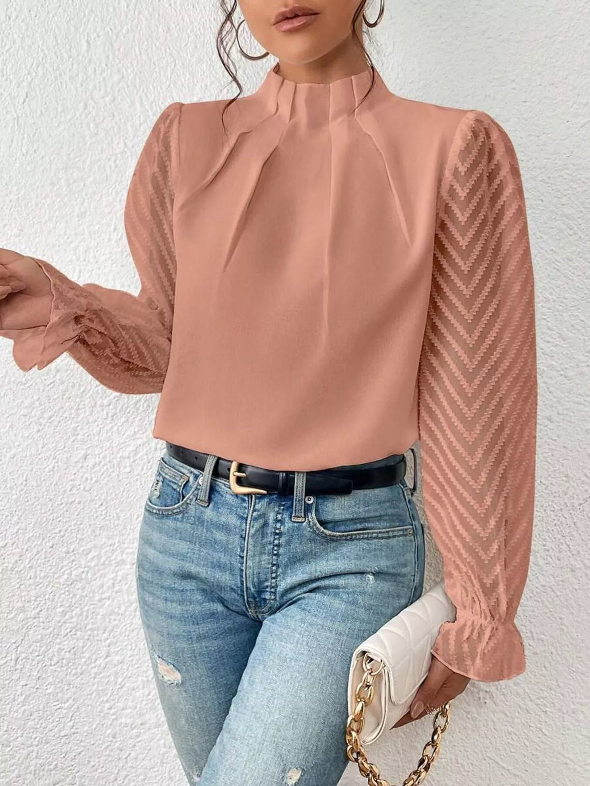 Mock Neck Sheer Lace Sleeve Blouse (18)