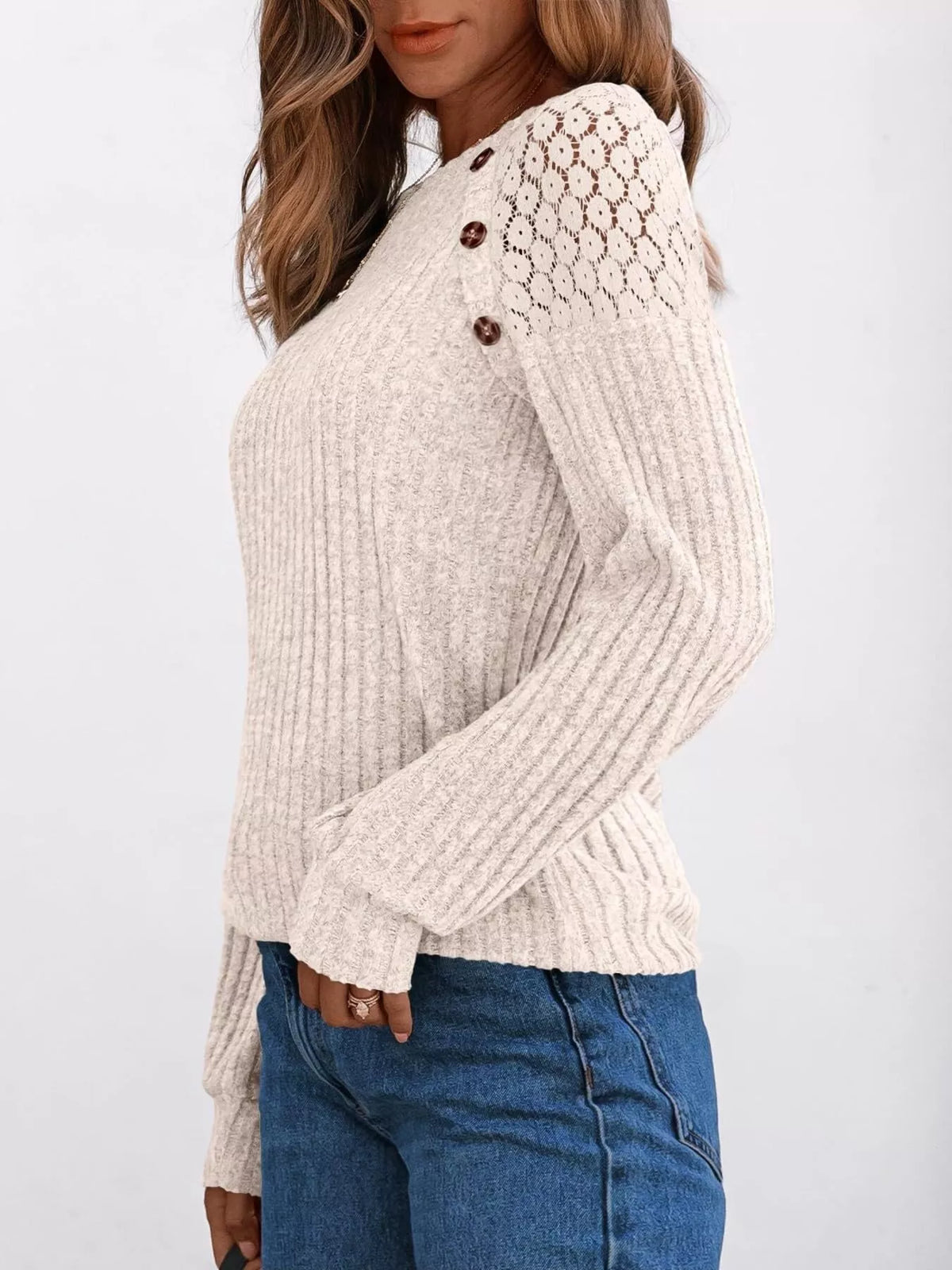 Ribbed Knit T-shirt Lace Shoulder Detail (2)