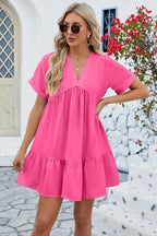 Ruched Tiered V-neck Short Sleeve Mini Dress (8)