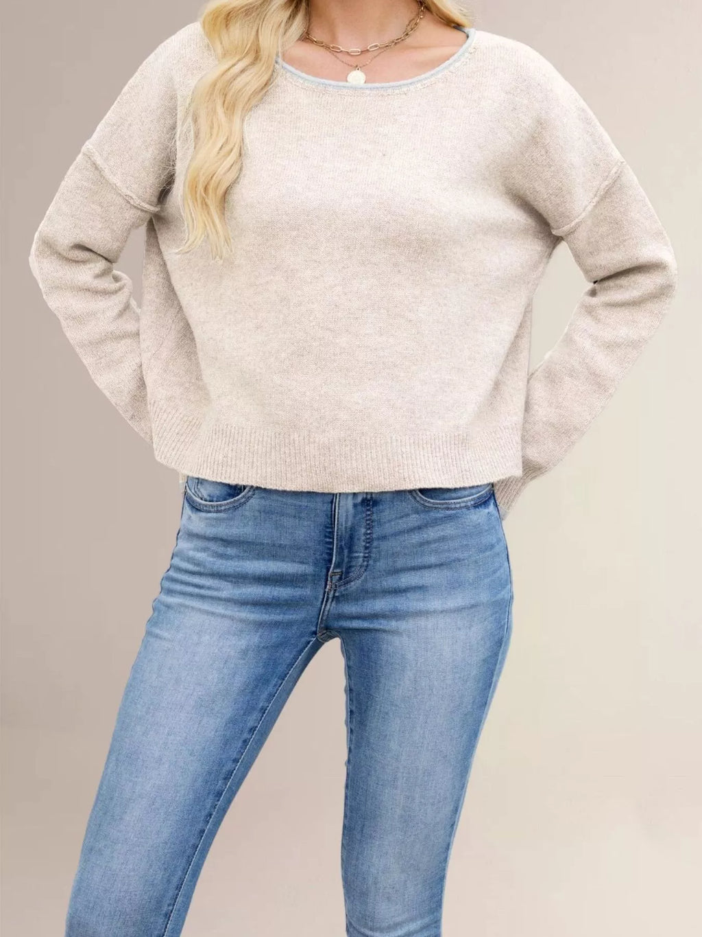Contrast Trim Dropped Shoulder Sweater (9)