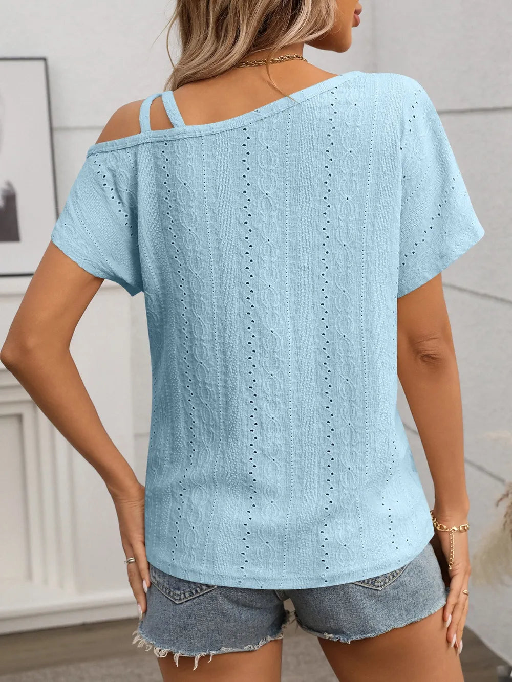 Eyelet Asymmetrical Shoulder Short Sleeve T-shirt (30)