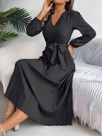 Pleated Tied V-neck Long Sleeve Dress (30)
