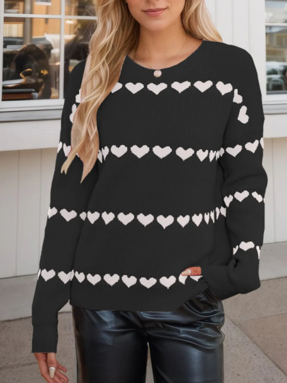 Heart Round Neck Long Sleeve Sweater (8)