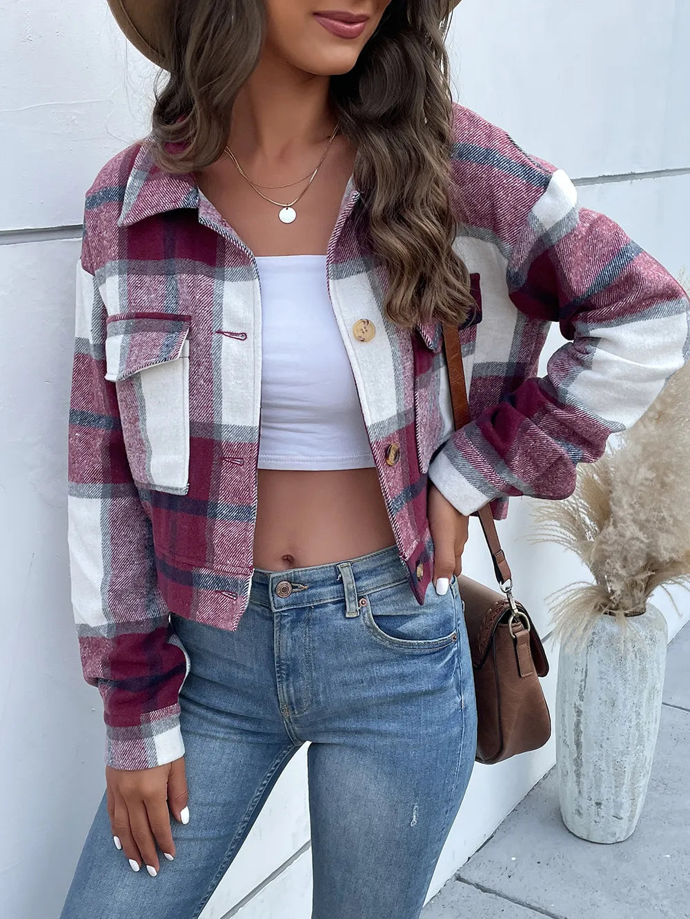 Plaid Button Up Drop Shoulder Cropped Jacket (29)