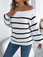 Striped Off-shoulder Long Sleeve Sweater (2)