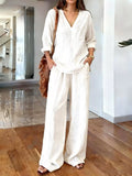 V-neck Top Wide-leg Pants Set