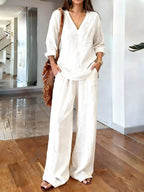 V-neck Top Wide-leg Pants Set
