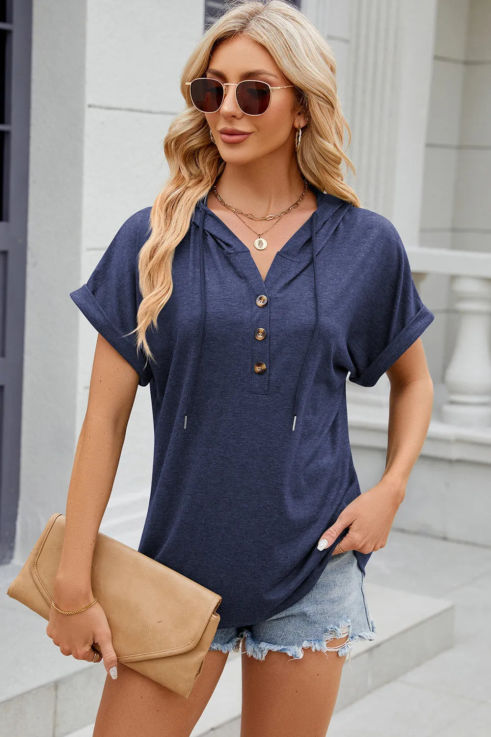Half Button Drawstring Short Sleeve Hooded T-shirt (18)