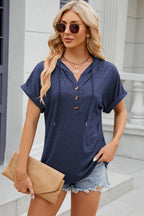 Half Button Drawstring Short Sleeve Hooded T-shirt (18)