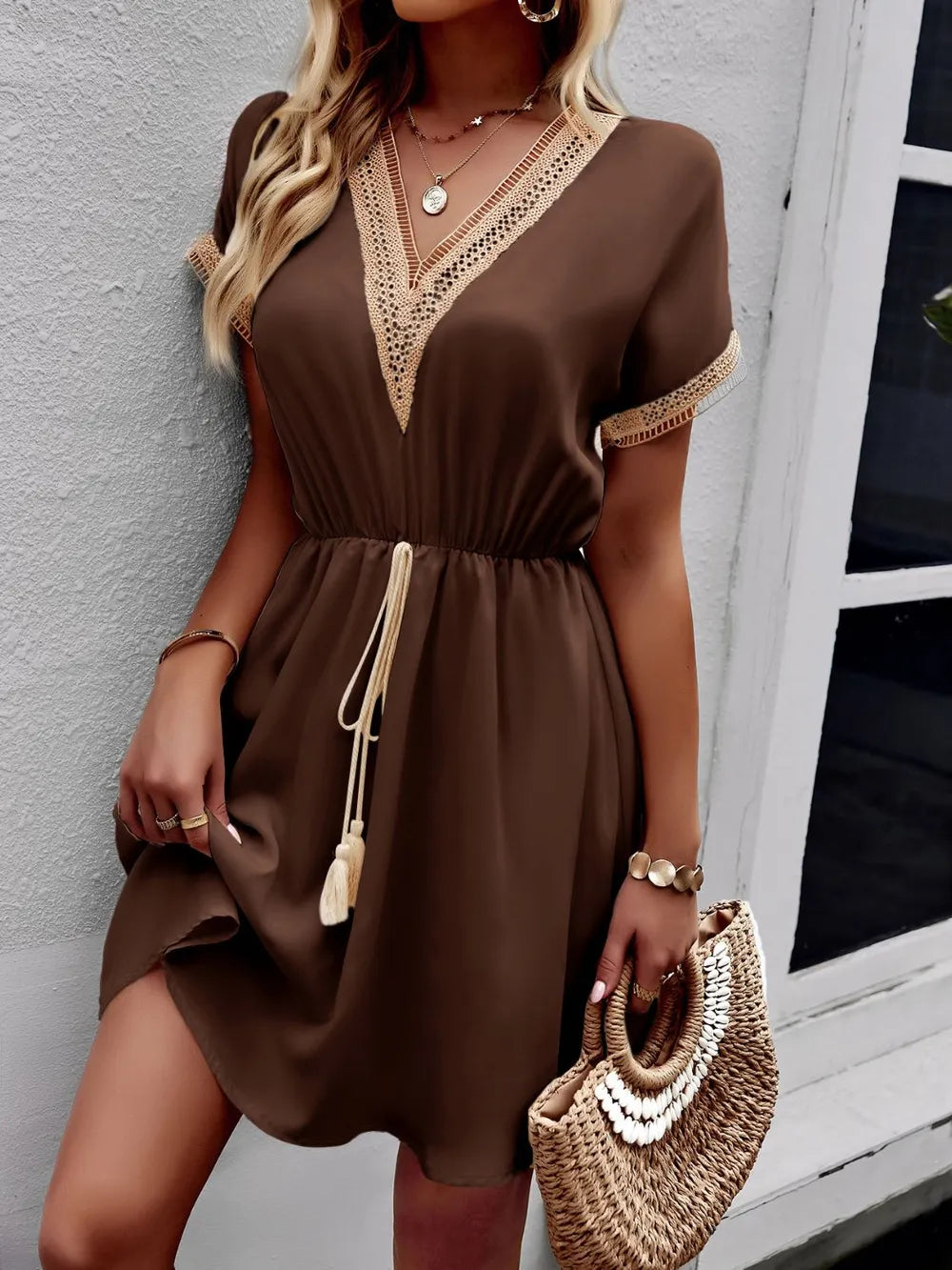 Contrast Trim V-neck Short Sleeve Mini Dress (11)