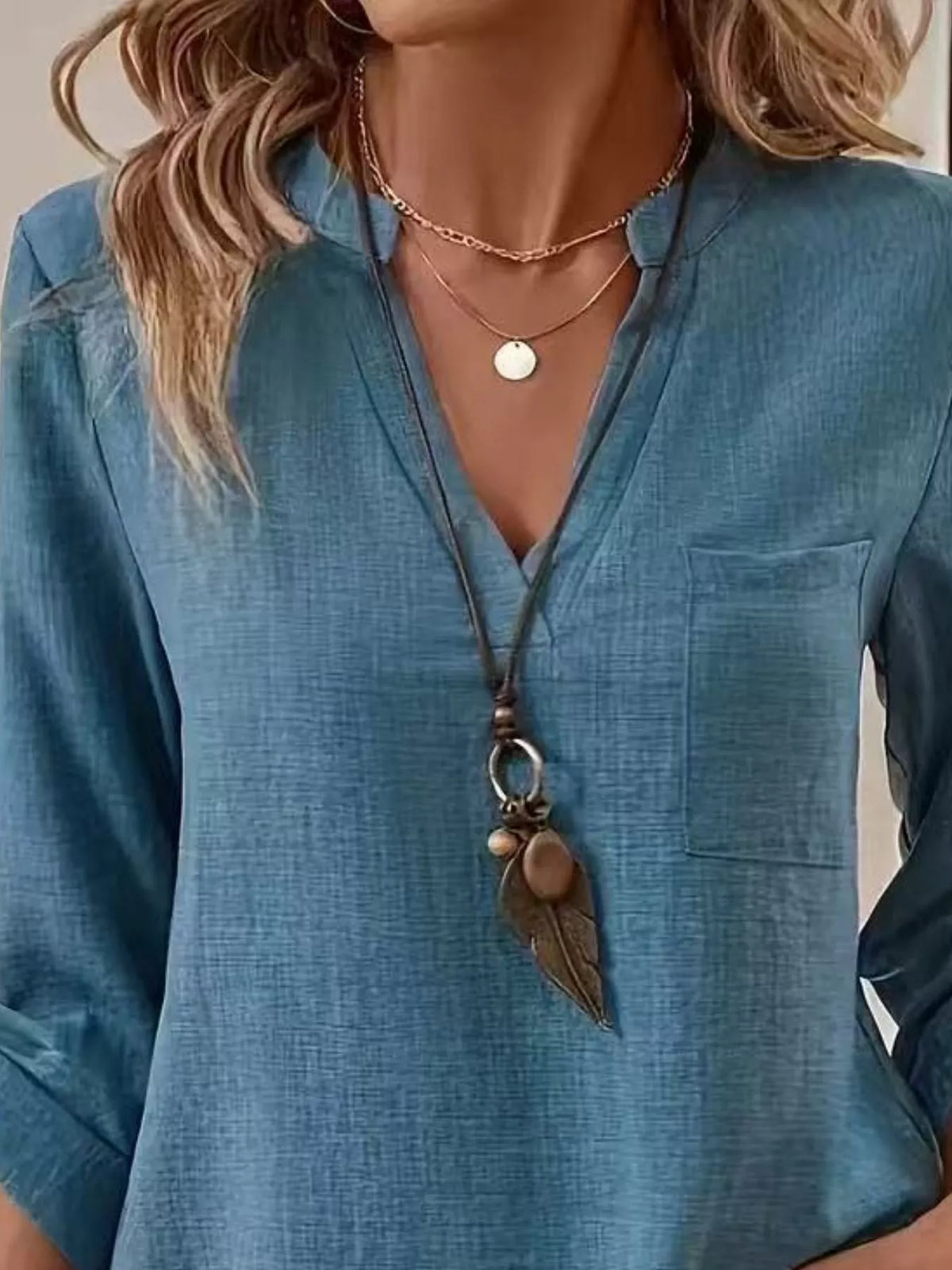 Roll-up Sleeve Notched Blouse (6)