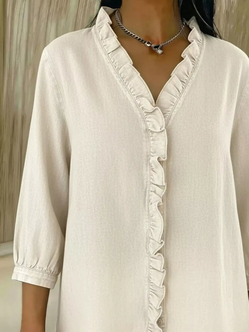 Full Size V-neck Ruffled Button Down Shirt Plus (7)