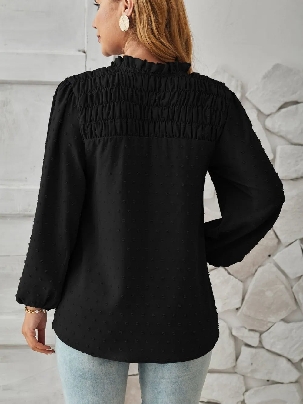 Ruched Swiss Dot Notched Balloon Sleeve T-shirt (18)