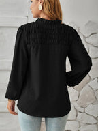 Ruched Swiss Dot Notched Balloon Sleeve T-shirt (18)