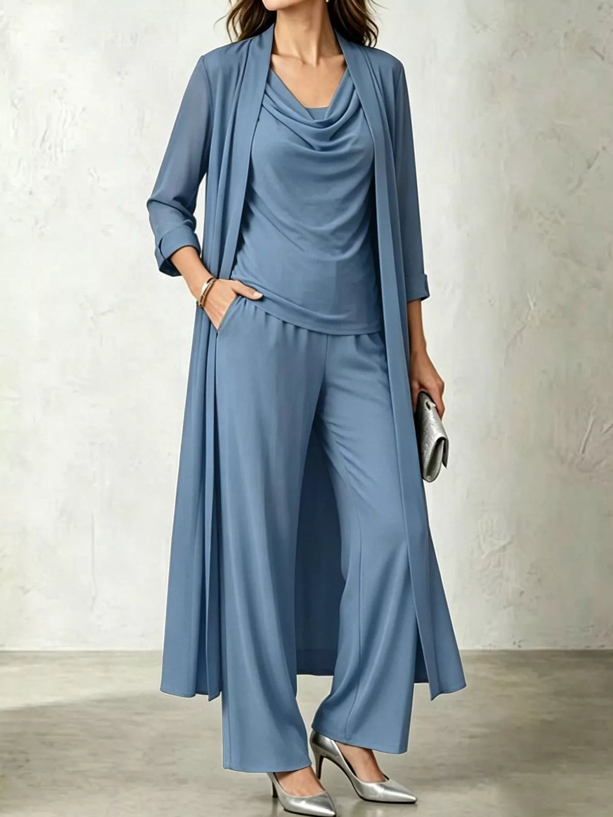 Full Size Cowl Neck Top Cardigan Pants Set Plus (5)