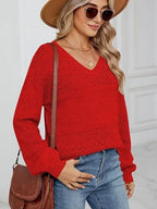 Eyelet V-neck Long Sleeve Sweater (2)