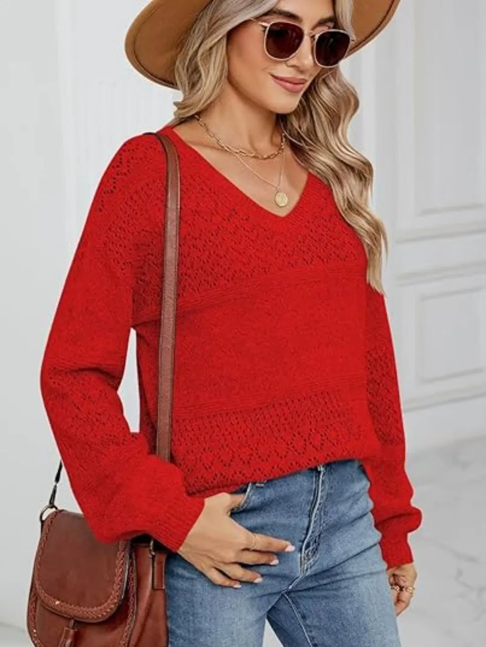 Eyelet V-neck Long Sleeve Sweater (2)