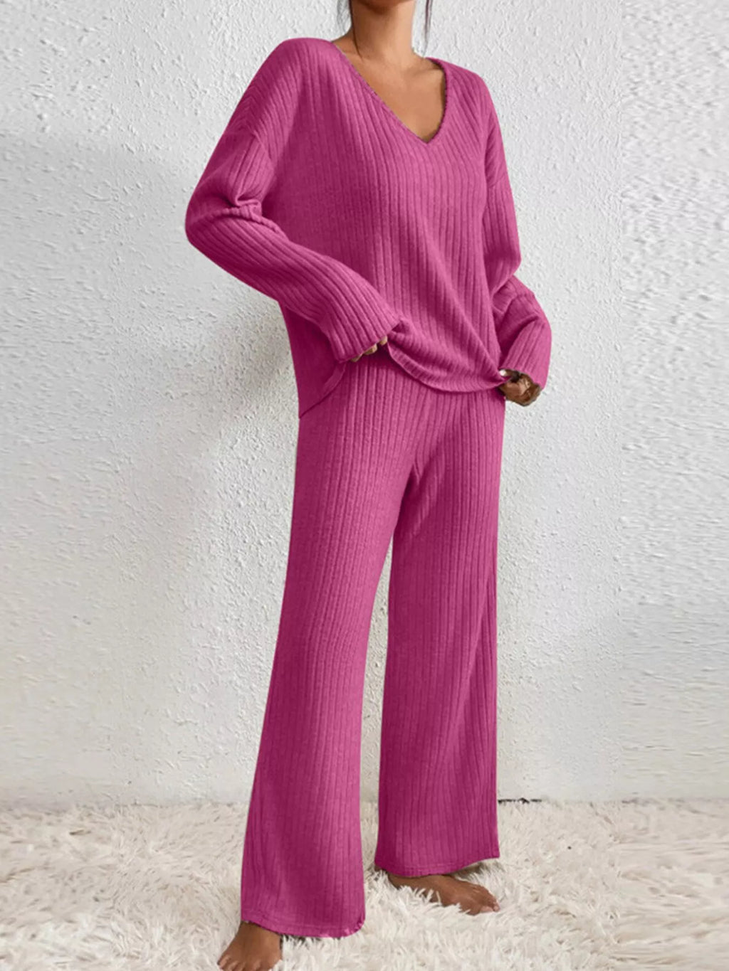 Ribbed Knit V-neck Top Pants Set
