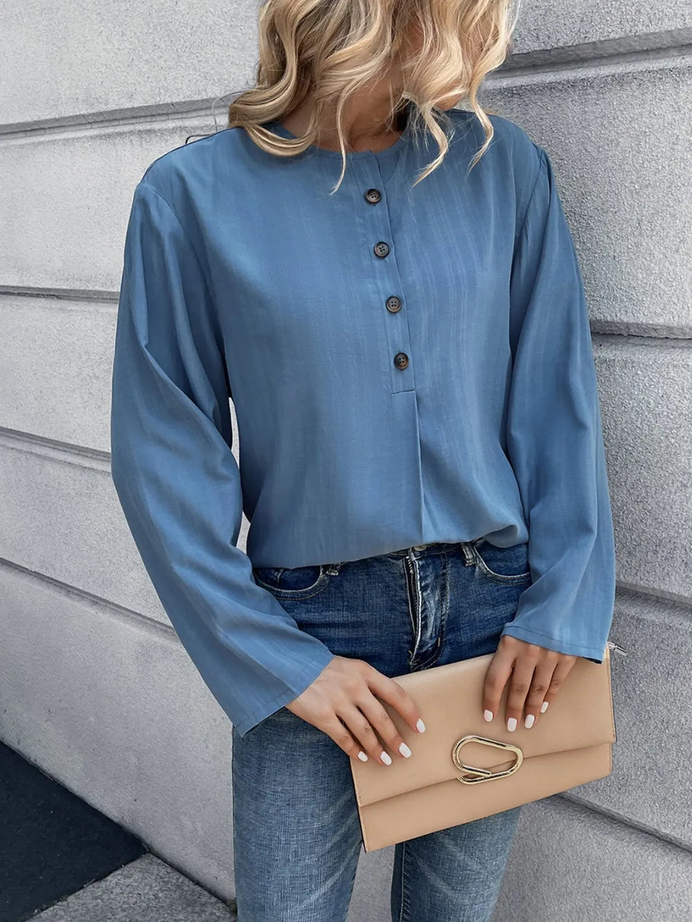 Half Button Long Sleeve Blouse (3)