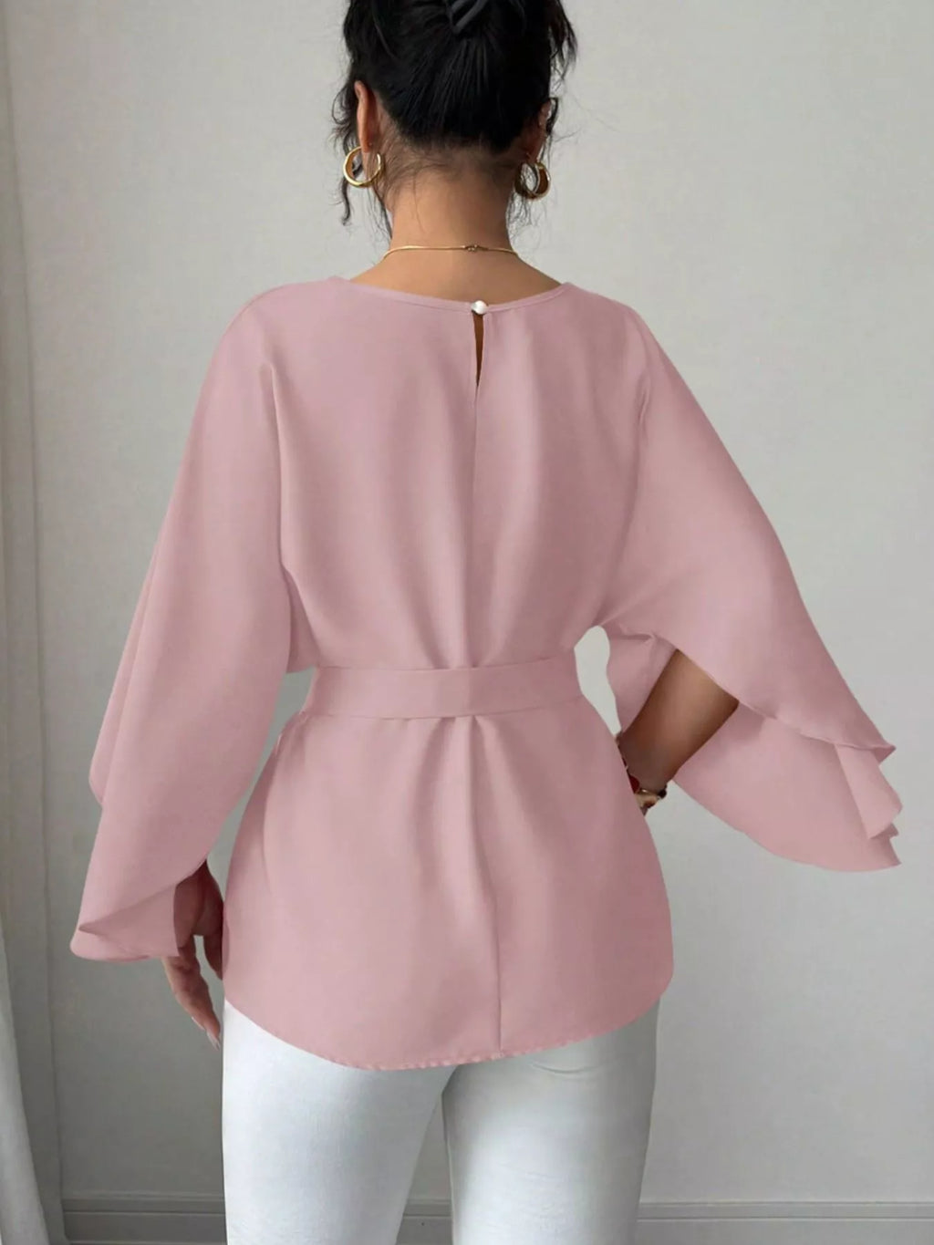 Round Neck Belt Batwing Sleeve Blouse (9)