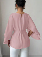 Round Neck Belt Batwing Sleeve Blouse (9)