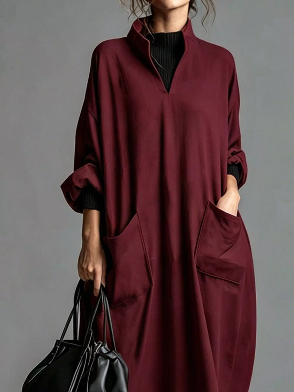 Full Size Loose-fit Mock Neck Midi Dress Pockets Plus (24)