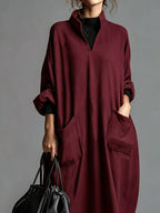 Full Size Loose-fit Mock Neck Midi Dress Pockets Plus (24)
