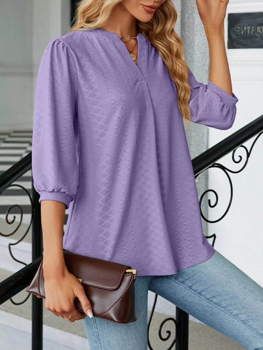 Notched 3/4 Sleeve Casual Top (2)