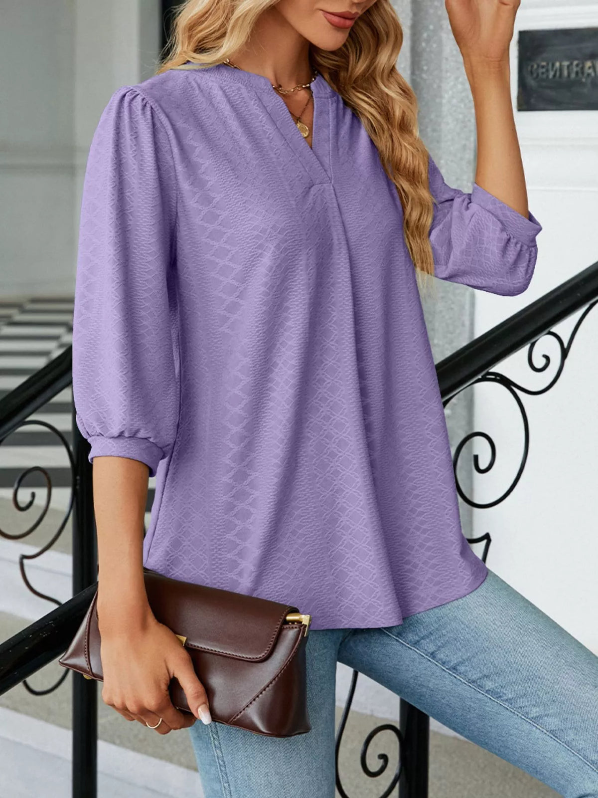 Notched 3/4 Sleeve Casual Top (2)