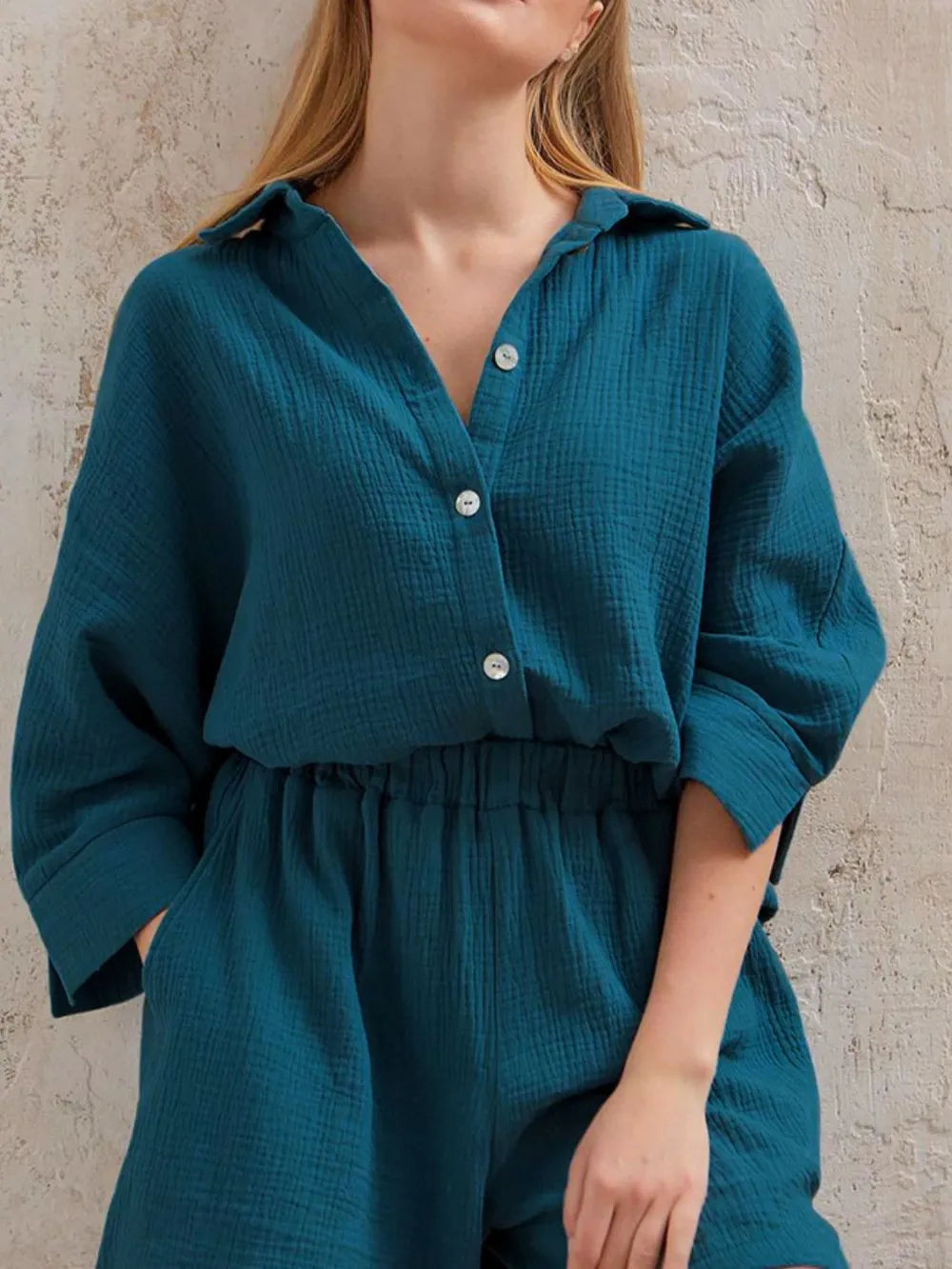 Texture Button Up Shirt Shorts Set (7)