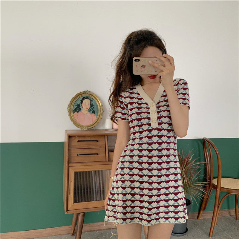 Short Sleeve Knitted Dress variant CJNSSYLY08143-Red-One size