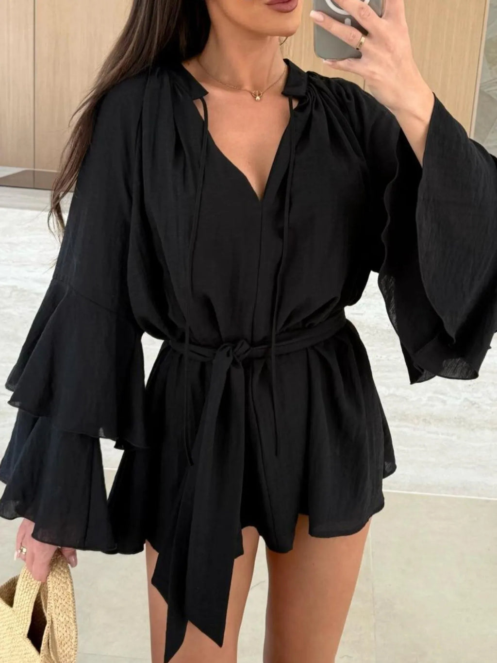 Bell Sleeve Tie Waist Mini Shirt Dress (10)