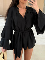 Bell Sleeve Tie Waist Mini Shirt Dress (10)