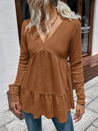 Waffle-knit V-neck Long Sleeve Blouse (11)