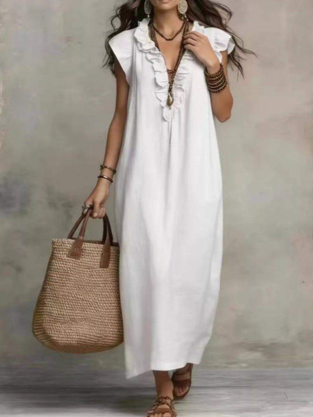 Full Size Bohemian Ruffle Neck Maxi Dress Plus