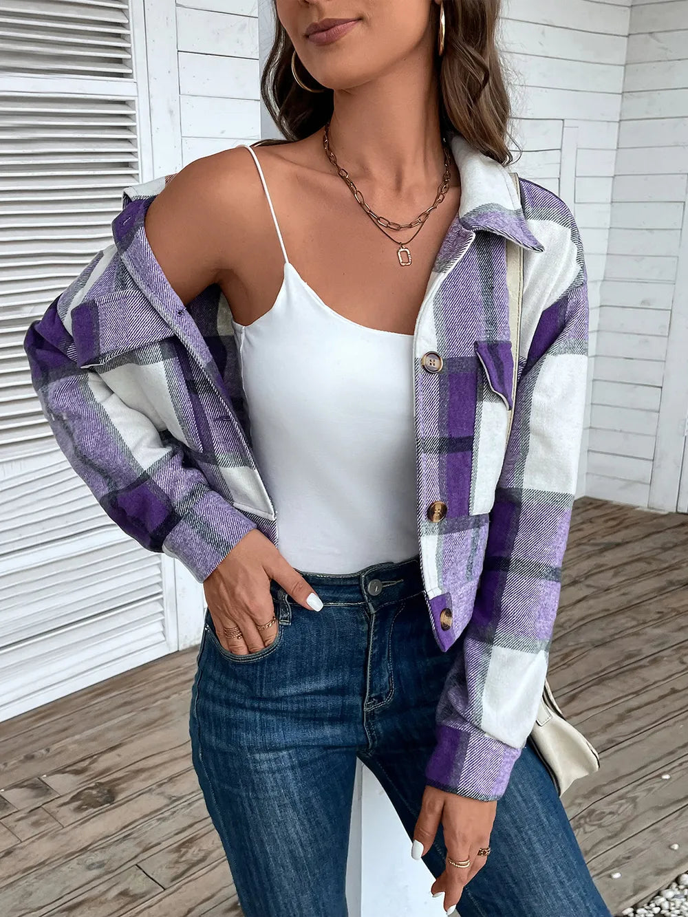 Plaid Button Up Drop Shoulder Cropped Jacket (27)