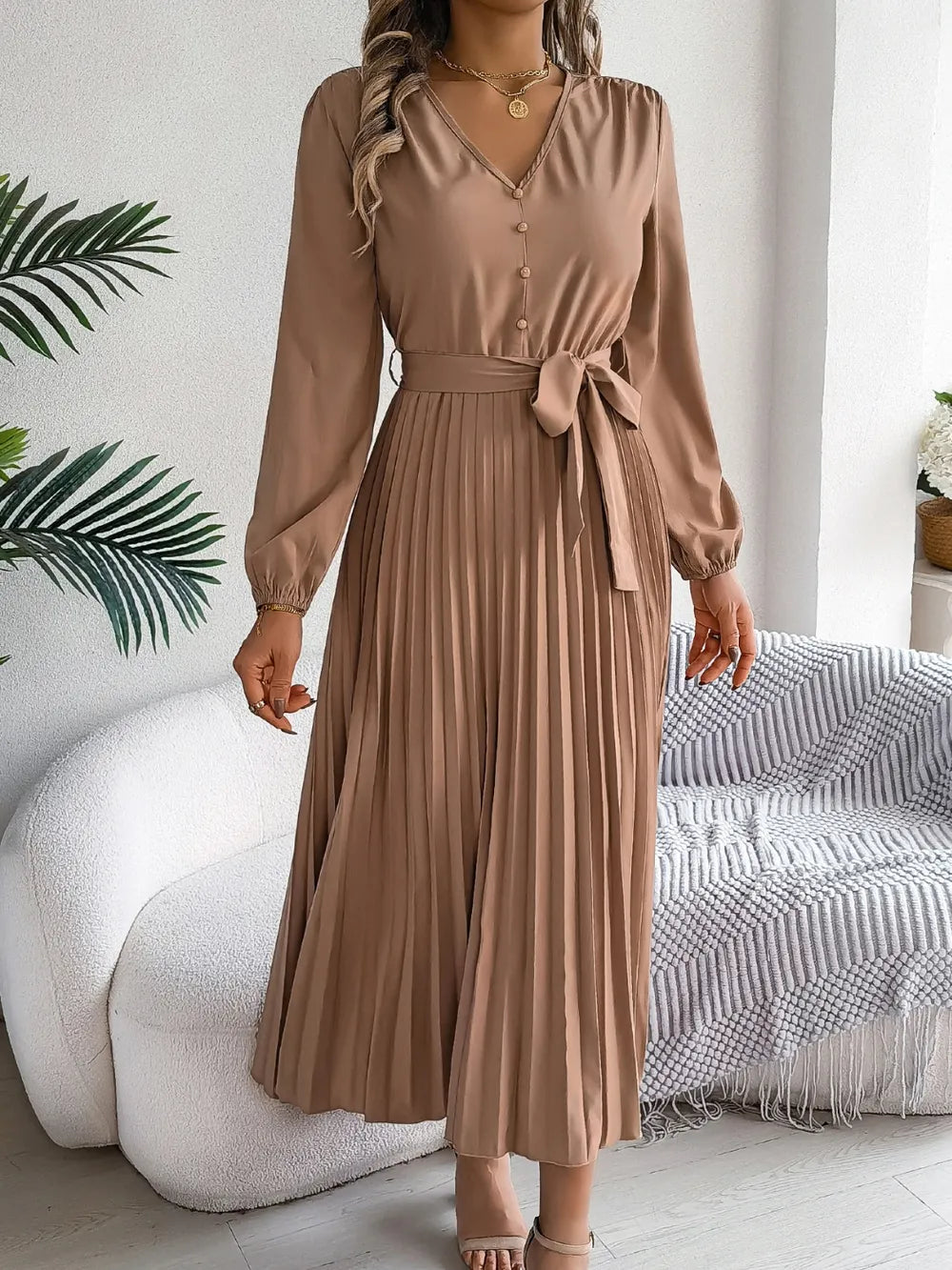 Pleated Tied V-neck Long Sleeve Dress (4)