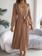 Pleated Tied V-neck Long Sleeve Dress (4)