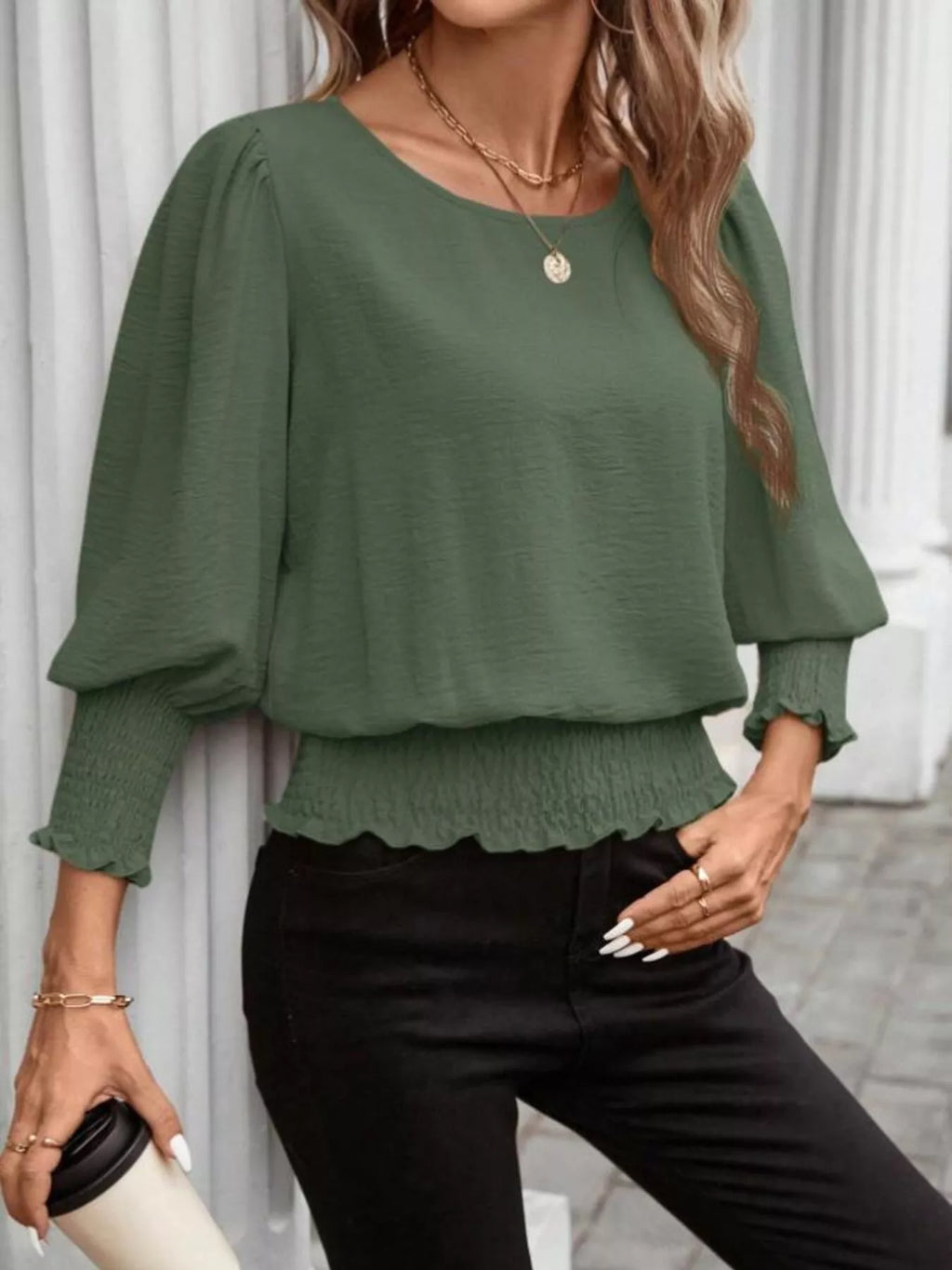 Smocked Waist Round Neck Blouse (26)
