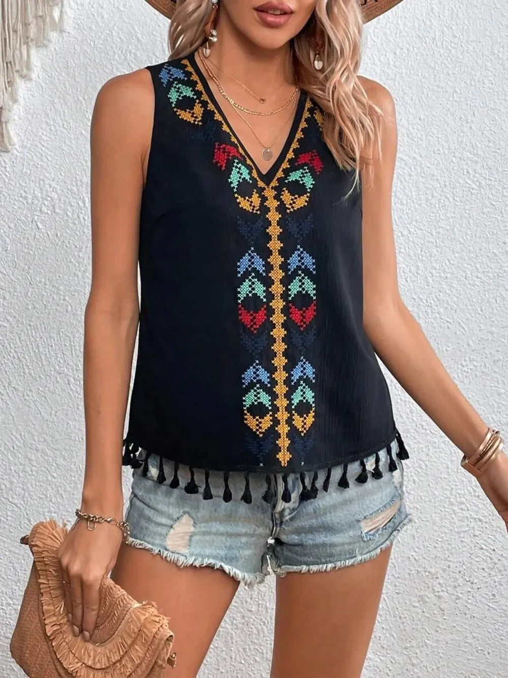 Tassel Printed V-neck Tank (3)