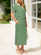 Striped Polo Collar Top Slit Skirt Two-piece Set (7)