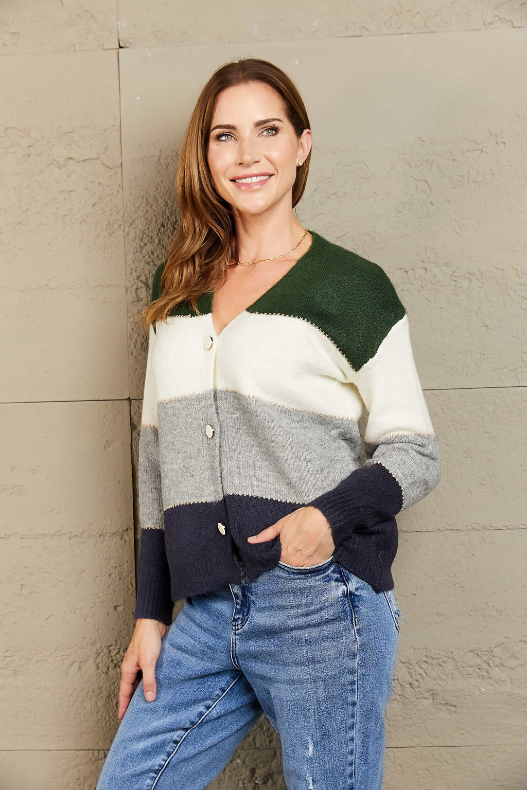 Block V-neck Button Down Cardigan (3)
